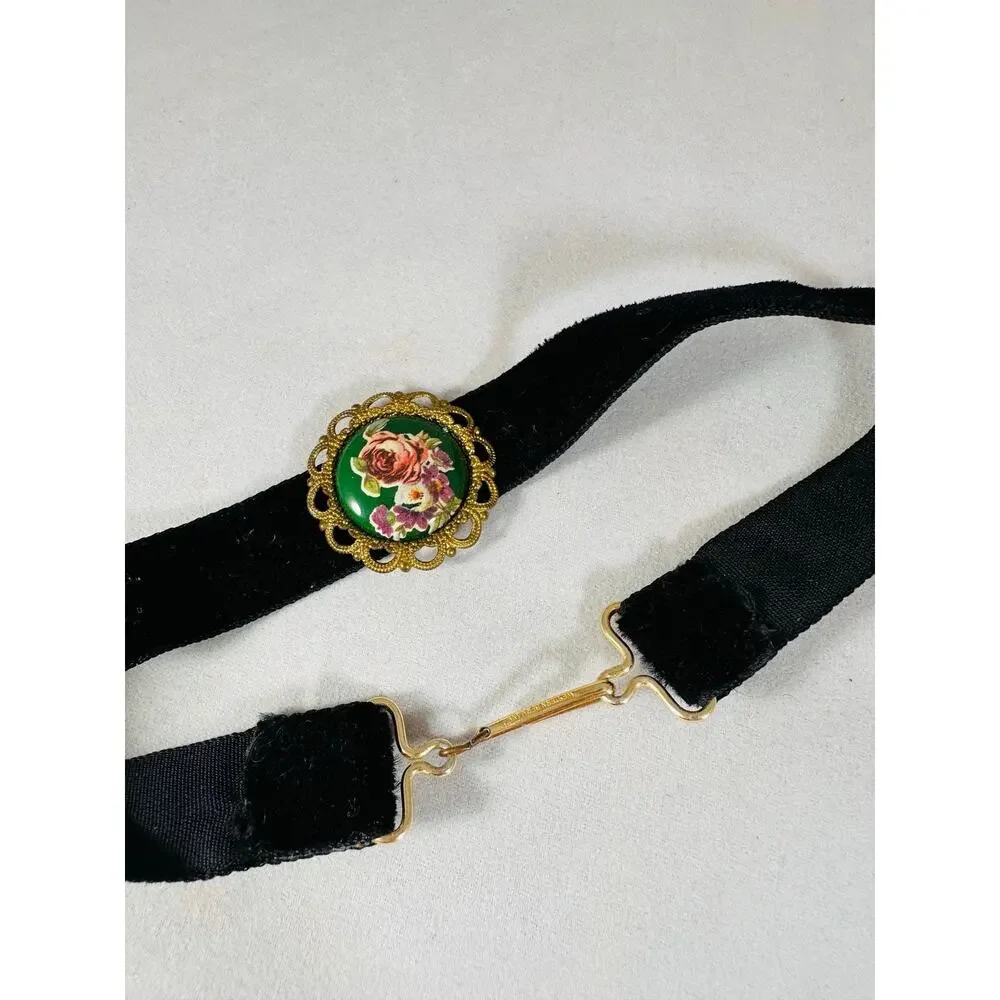 Vintage Western Germany Black Velvet Choker Floral Cabochon Necklace 13